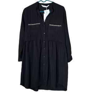 Zara Tencel Mini Shirtdress Dress Embellished Pockets Black SZ Small NWT